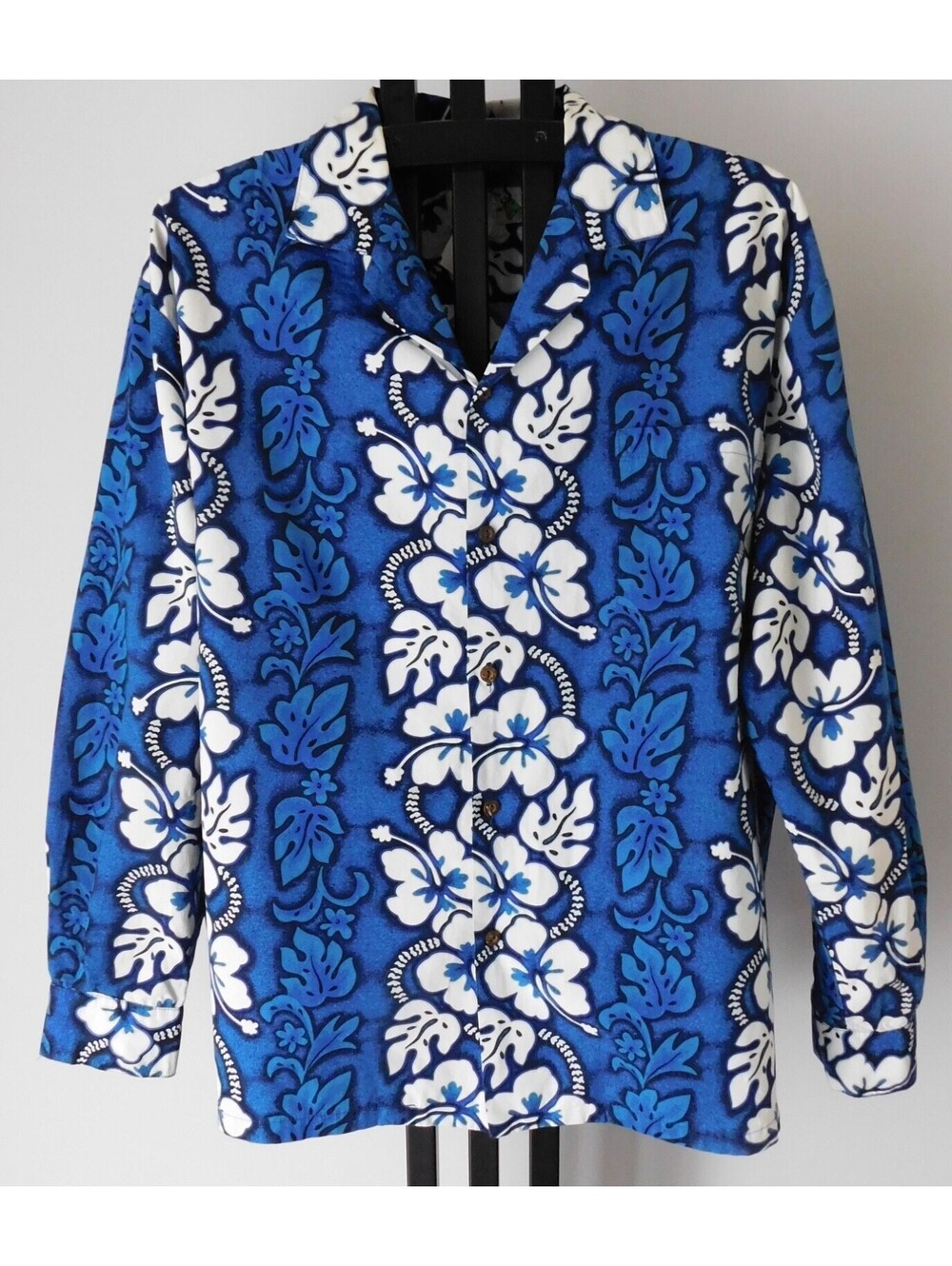 Vintage KY's Hawaiian Shirt Men's L/XL Blue Hibiscus Long Sleeve Hawaii USA